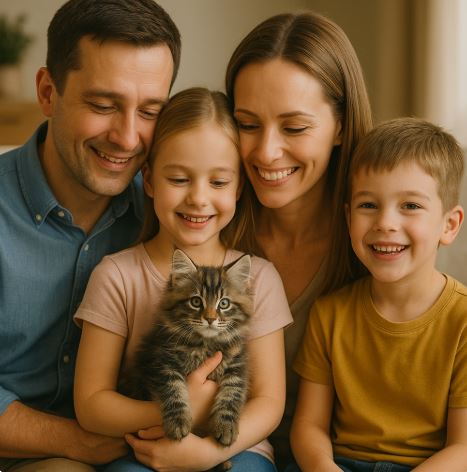 Photo d'une famille ayant adopté un chaton Maine Coon - Image IA
