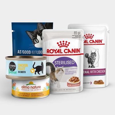 Photo présentant des boîtes et sachats de nourriture pour chats