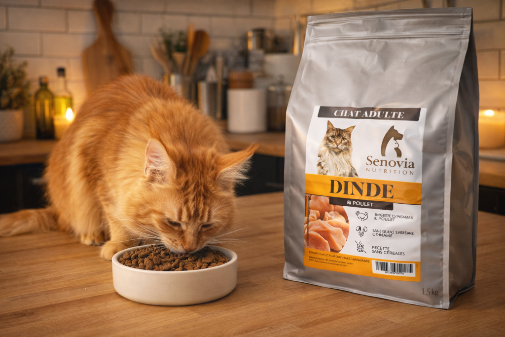 chat maine coon roux mangeant les croquettes senovia nutrition.
