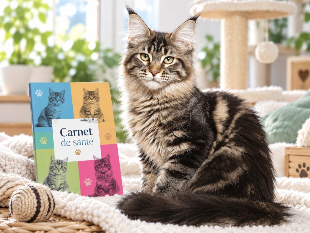 Jeune Maine Coon brown tabby assis à côté de son carnet de santé, document remis à l’adoption